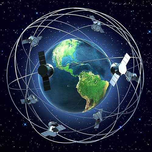 Satellites flying around earth background